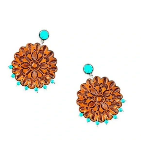 NWT Cassie Wildflower Hand-Tooled Leather Earrings - Picture 2 of 5